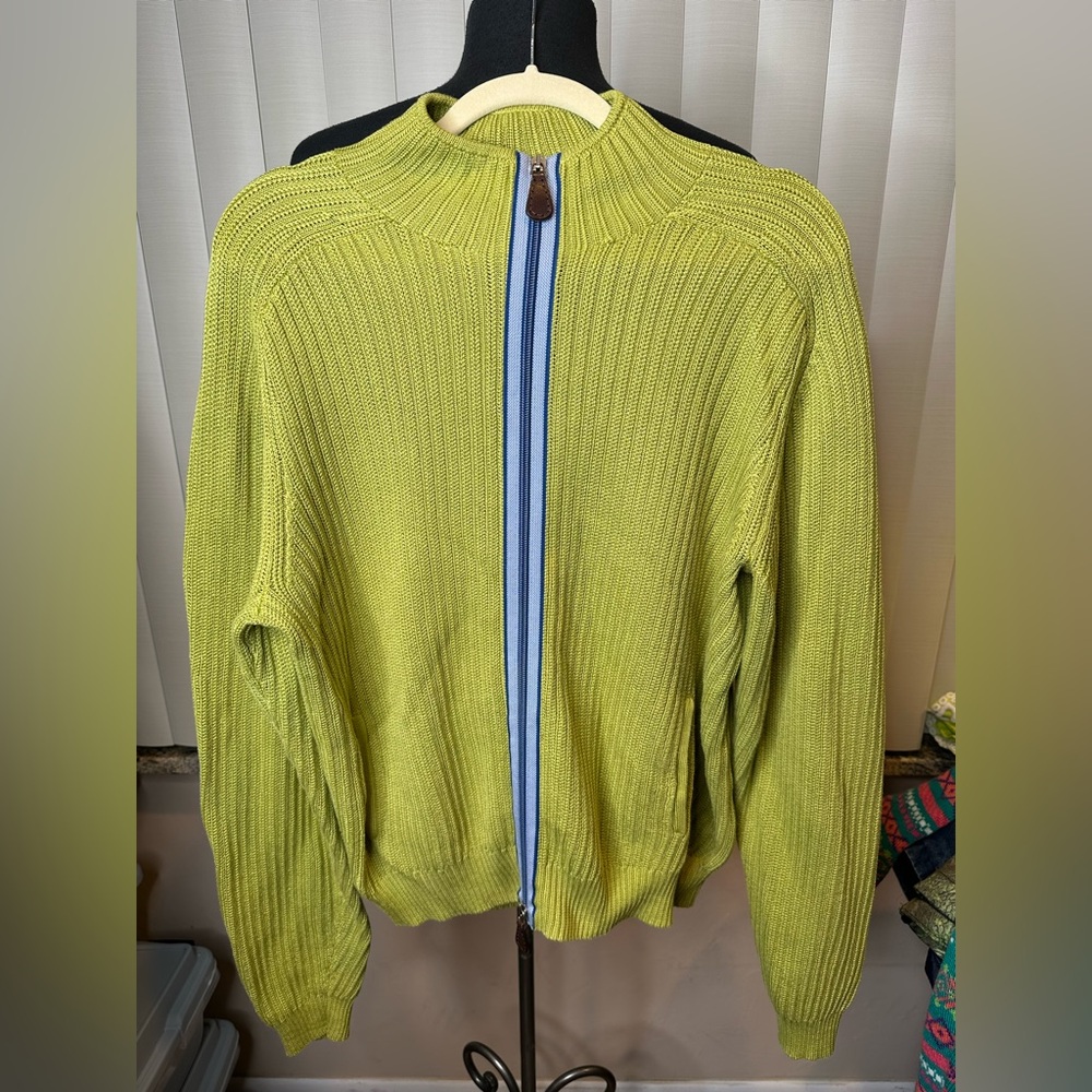 Hickey Freeman Lime Green Zip-Up Ribbed Sweater with Blue Trim